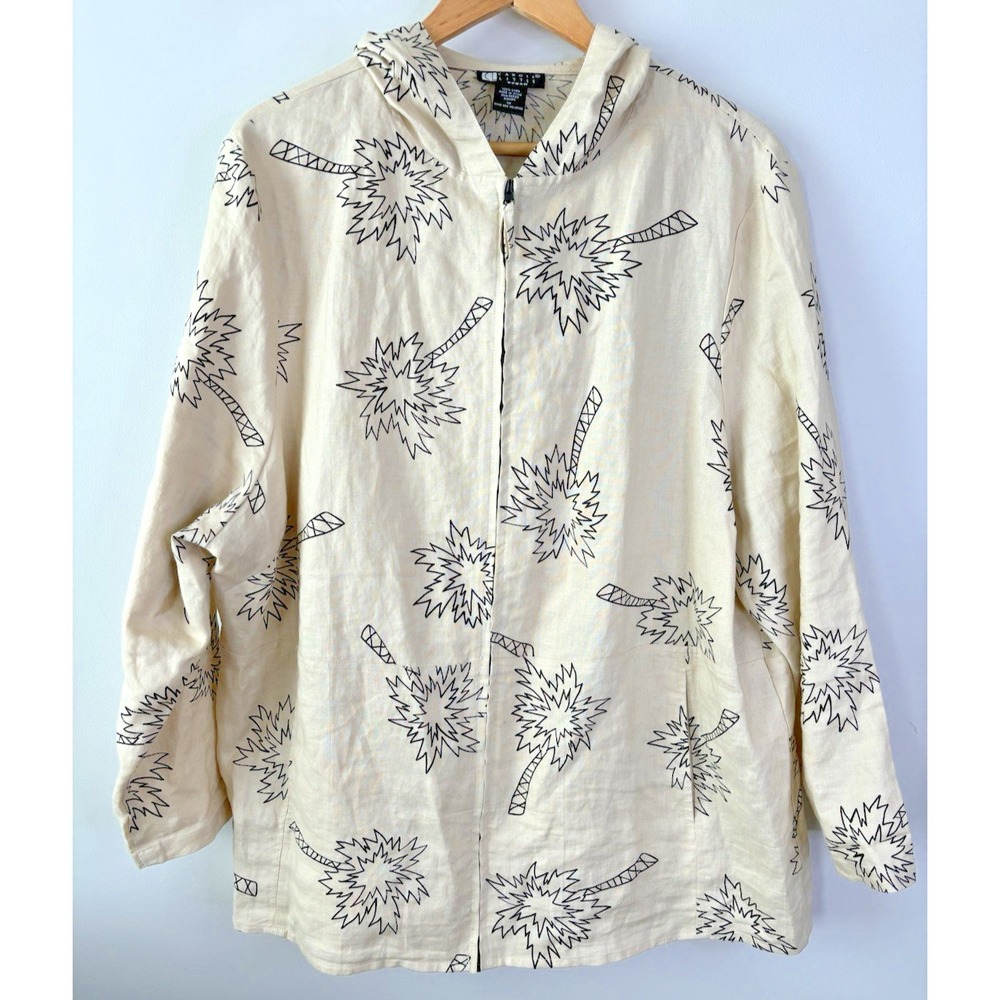 CAROLE LITTLE Womens Jacket 1X Vintage Linen 3/4‎ Sleeve Palm Trees Hooded
